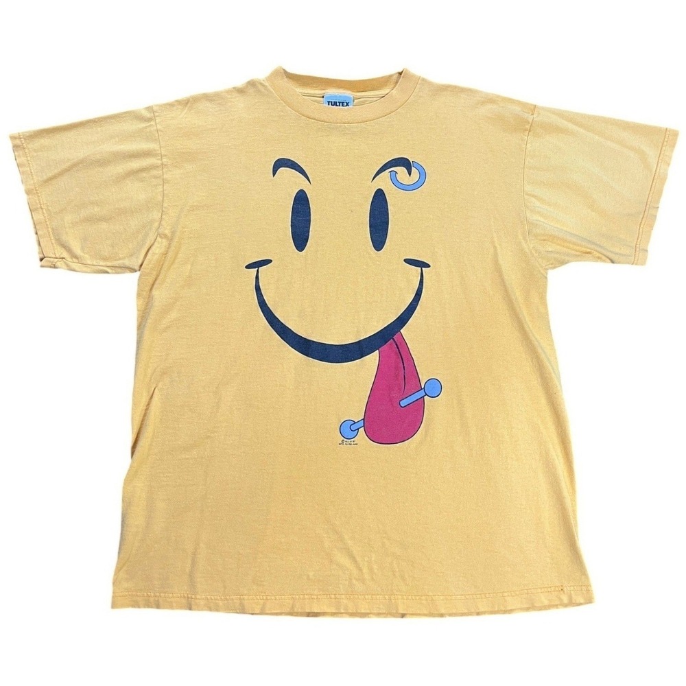 1997 Pierced Smiley Face Vintage All U T-Shirt Unisex XL Yellow y2k